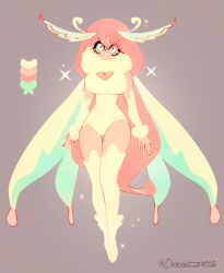 1girl arthropod_girl blue_eyes breasts cleavage diana_oreo flaina_(diana_oreo) full_body grey_background highres insect_girl insect_wings large_breasts leotard long_hair moth_antennae moth_girl moth_wings original pink_eyes pink_hair solo sparkle thighhighs very_long_hair white_leotard white_thighhighs white_wings wings yellow_nails