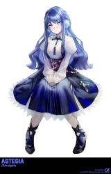 Rule 34 | 1girl, arknights, artist name, astesia (arknights), black footwear, blue eyes, blue hair, blue ribbon, blue skirt, breasts, character name, closed mouth, copyright name, dated, dress, english text, female focus, frilled skirt, frills, full body, highres, long hair, long sleeves, looking at viewer, medium breasts, neck ribbon, own hands together, puffy long sleeves, puffy sleeves, ribbon, shoes, simple background, sitting, skirt, solo, songchuan li, white background, white dress, wrist cuffs