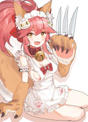 Rule 34 | &gt;:3, &gt;:d, 1girl, :3, :d, animal ears, animal hands, apron, bad id, bad pixiv id, bell, between fingers, blush, bow, breasts, cat hair ornament, cleavage, collar, dress, fangs, fate/grand order, fate (series), fox ears, fox girl, fox tail, frilled apron, frills, hair between eyes, hair flaps, hair ornament, happy, holding, holding knife, jingle bell, knife, knives between fingers, large bow, long hair, looking at viewer, medium breasts, naked apron, neck bell, open mouth, pink eyes, pink hair, ponytail, red bow, shovelwall, shovelwell, simple background, sitting, smile, solo, tail, tamamo (fate), tamamo cat (fate), tamamo cat (third ascension) (fate), tamamo no mae (fate/extra), v-shaped eyebrows, white background, yellow eyes, yokozuwari