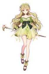 Rule 34 | 1girl, atelier (series), atelier ayesha, bare shoulders, black bow, black footwear, blonde hair, blush, bow, collarbone, commentary request, dress, flower, full body, green dress, hair flower, hair ornament, highres, holding, holding staff, large bow, lemonpear, long hair, looking at viewer, purple flower, shoes, simple background, smile, solo, staff, twintails, white background, white bow