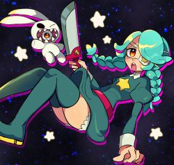 Rule 34 | 1girl, absurdres, annie (skullgirls), artist request, belt, bloomers, boots, braid, eyepatch, green hair, highres, holding, holding sword, holding weapon, juliet sleeves, knees up, long sleeves, open mouth, puffy sleeves, sagan (skullgirls), skirt, skullgirls, space, star (sky), star (symbol), stuffed animal, stuffed rabbit, stuffed toy, sword, thigh boots, thighhighs, twin braids, underwear, weapon, yellow eyes