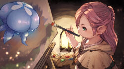 Rule 34 | 1girl, canvas (object), cloak, denka (cloudy-gray), final fantasy, final fantasy xiv, flat chest, from side, green eyes, holding, holding brush, holding palette, jellyfish, lalafell, lamp, looking ahead, medium hair, paint tube, painting (action), painting (object), palette (object), pink hair, pointy ears, shirt, solo, upper body, warrior of light (ff14), white cloak, white shirt