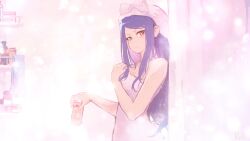 Rule 34 | 1girl, absurdres, bare shoulders, bathroom, beer can, blush, can, closed mouth, collarbone, colored inner hair, cowboy shot, drink can, frown, furrowed brow, hand on own chest, highres, holding, holding can, jill stingray, looking at viewer, multicolored hair, naked towel, parted bangs, pink hair, purple hair, rnna, shower curtain, solo, straight hair, towel, towel on head, va-11 hall-a