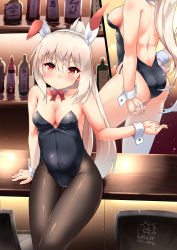 Rule 34 | 1girl, absurdres, alternate costume, animal ears, arm support, ass, ayanami (azur lane), azur lane, bar (place), bar stool, bare back, bare shoulders, black leotard, black pantyhose, bottle, breasts, cleavage, collarbone, commentary request, dated, detached collar, fake animal ears, grey hair, hair between eyes, hair ornament, hairband, hand on own hip, highres, inori (xyz5568), leotard, long hair, looking at viewer, orange eyes, pantyhose, playboy bunny, ponytail, rabbit ears, retrofit (azur lane), sidelocks, signature, sitting, sleeveless, solo, stool, strapless, strapless leotard, wine bottle, wrist cuffs