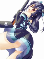 Rule 34 | 10s, 1girl, ass, bare shoulders, black dress, black hair, blush, bow, breasts, bridal gauntlets, dress, fang, female focus, from behind, gun, hair bow, highres, leaning, leaning forward, long hair, looking back, neptune (series), open mouth, panties, red eyes, rifle, simple background, solo, tsunamayoz, twintails, underwear, uni (neptunia), weapon
