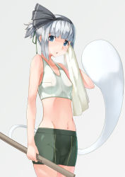 Rule 34 | 1girl, :o, alternate hairstyle, arm at side, bare arms, bare shoulders, black ribbon, blue eyes, blunt bangs, blush, breasts, breath, collarbone, cowboy shot, crop top, eyebrows, floating, ghost, green shorts, grey background, hair ribbon, hairband, highres, hitodama, holding, holding staff, kanzen bouon, konpaku youmu, konpaku youmu (ghost), looking at viewer, midriff, navel, open mouth, ponytail, ribbon, rubbing, shirt, short hair, shorts, sidelocks, silver hair, simple background, sleeveless, small breasts, solo, staff, standing, stomach, sweatdrop, tareme, touhou, towel, white shirt