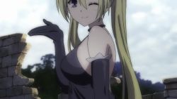 Rule 34 | 1girl, animated, blonde hair, blowing kiss, breasts, close-up, dress, gloves, large breasts, lieselotte sherlock, looking at viewer, one eye closed, open mouth, purple eyes, sideboob, smile, sound, trinity seven, twintails, video, wink