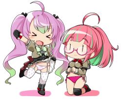 Rule 34 | &gt; &lt;, 2girls, :3, ahoge, black gloves, black ribbon, blush, breasts, chibi, closed eyes, clothes lift, commentary request, fairy (kancolle), fang, garter belt, garter straps, glasses, gloves, gradient hair, green hair, hair ribbon, hip vent, kantai collection, kneeling, lifting own clothes, long hair, long sleeves, medium breasts, momo (kancolle), multicolored hair, multiple girls, nassukun, open mouth, panties, pink-framed eyewear, pink hair, pink panties, pleated skirt, ponytail, ribbon, sailor collar, school uniform, serafuku, short sleeves, side-tie panties, simple background, skin fang, skirt, skirt lift, thighhighs, twintails, ume (kancolle), underwear, very long hair, white background, white thighhighs
