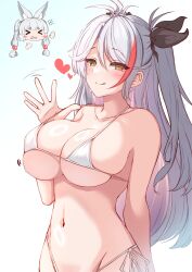 Rule 34 | &gt; &lt;, 2girls, :q, absurdres, animal ear fluff, animal ears, asanagi (azur lane), azur lane, bare arms, bare shoulders, bikini, black ribbon, blush, breasts, brown eyes, chibi, chibi inset, closed eyes, closed mouth, commentary request, cosplay, flying sweatdrops, grey hair, hair between eyes, hair ribbon, hand up, heart, highleg, highleg bikini, highres, large breasts, long hair, moyoron, multicolored hair, multiple girls, navel, open mouth, parted bangs, prinz eugen (azur lane), red hair, ribbon, side-tie bikini bottom, smile, solo focus, streaked hair, swimsuit, tongue, tongue out, very long hair, wavy mouth, white bikini