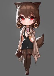 Rule 34 | 1girl, absurdres, animal ears, bag, black dress, blush, bracelet, brown footwear, brown pantyhose, chibi, closed mouth, coat, coat on shoulders, commentary, dress, earrings, english commentary, full body, grey background, handbag, highres, holding, hoop earrings, jewelry, looking at viewer, medium hair, no bra, pantyhose, red eyes, rktlek159, shoes, short dress, simple background, solo, standing, tail, thigh strap
