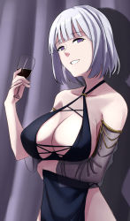 Rule 34 | 1girl, absurdres, arm support, bare shoulders, black dress, breasts, cleavage, collarbone, cup, cyka, dress, drinking glass, girls&#039; frontline, highres, holding, holding cup, large breasts, looking at viewer, medium hair, open mouth, purple eyes, rpk-16 (girls&#039; frontline), silver hair, smile, smirk, solo, wine glass