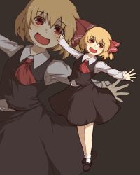 Rule 34 | 1girl, :d, blonde hair, fang, hair ribbon, open mouth, outstretched arms, red eyes, ribbon, rumia, short hair, skirt, smile, solo, touhou, wino, winu (hertrion), zoom layer