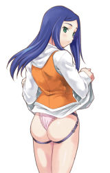 Rule 34 | 00s, 1girl, ass, back, blue hair, clothes lift, dildo, green eyes, holster, hood, hoodie, kuga natsuki, lace, lace-trimmed panties, lace trim, lifted by self, long hair, looking back, maruto!, my-hime, panties, pink panties, sex toy, skirt, skirt lift, solo, standing, strap-on, underwear, vest