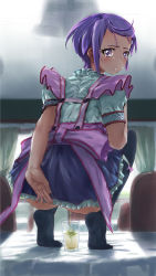 Rule 34 | 1girl, ass, black thighhighs, covering privates, covering ass, dokidoki! precure, kenzaki makoto, looking back, lunalu9, maid, panties, panty pull, peeing, peeing in cup, precure, purple eyes, purple hair, solo, squatting, table, thighhighs, underwear