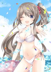 Rule 34 | 1girl, ;d, bad id, bad pixiv id, bare arms, bare shoulders, bikini, blue eyes, blue sky, blush, breasts, brown hair, cleavage, cloud, cloudy sky, collarbone, copyright request, dated, day, groin, hair between eyes, hair ornament, hair scrunchie, holding, holding swim ring, horizon, innertube, large breasts, long hair, nanase nao, navel, ocean, one eye closed, open mouth, outdoors, outstretched arm, petals, polka dot, polka dot scrunchie, red scrunchie, scrunchie, side ponytail, sidelocks, sky, smile, solo, swim ring, swimsuit, transparent, twitter username, very long hair, water, water drop, white bikini