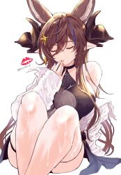 1girl bikini black_bikini breasts brown_horns cleavage closed_eyes extra_ears finger_to_mouth galleon_(granblue_fantasy) galleon_(summer)_(granblue_fantasy) granblue_fantasy hair_between_eyes horns long_hair_between_eyes mizuha_p official_alternate_costume pointy_ears see-through_clothes see-through_cleavage solo swimsuit