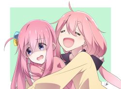 Rule 34 | 2girls, :d, = =, absurdres, blue eyes, bocchi the rock!, color connection, commentary, crossover, cube hair ornament, female focus, gotoh hitori, hair color connection, hair ornament, highres, hug, jacket, kagamihara nadeshiko, long hair, look-alike, manga time kirara, multiple girls, open mouth, pink hair, school uniform, shaded face, simple background, smile, track jacket, trait connection, yasu (pixiv), yurucamp