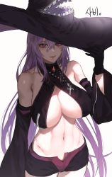 Rule 34 | 1girl, absurdres, aisha landar, alternate breast size, black gloves, black hat, black shorts, breasts, cleavage, closed mouth, commentary, cowboy shot, cross, detached sleeves, elsword, english commentary, gloves, hand on headwear, hat, highres, korean commentary, large breasts, light purple hair, light smile, lips, long hair, looking at viewer, mixed-language commentary, navel, oz sorcerer (elsword), purple eyes, revealing clothes, sabi (ghke4333), shade, short shorts, shorts, simple background, solo, standing, stomach, underboob, very long hair, white background, witch hat