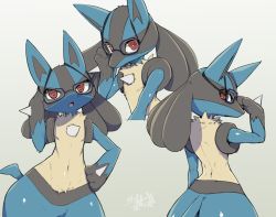 Rule 34 | animal ears, bespectacled, blue-framed eyewear, blush, body fur, creatures (company), from behind, furry, game freak, gen 4 pokemon, glasses, gradient background, grey background, looking at viewer, lucario, navel, nintendo, open mouth, pokemon, pokemon (creature), red eyes, shourin bonzu, tail