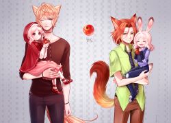 Rule 34 | 2boys, 2girls, age difference, aged down, animal ears, apple, big bad wolf (cosplay), black shirt, blonde hair, blush, cape, carrying, child, choker, closed eyes, closed mouth, collarbone, cosplay, cowboy shot, crossed arms, crossover, diabolik lovers, disney, dress, food, fox ears, fox tail, fruit, full body, green eyes, hood, hoodie, judy hopps, judy hopps (cosplay), komori yui, little red riding hood, little red riding hood (grimm), little red riding hood (grimm) (cosplay), looking at viewer, manmosu, mary janes, mole, multiple boys, multiple girls, multiple persona, necktie, nick wilde, nick wilde (cosplay), one eye closed, orange hair, pants, petite, police, police uniform, rabbit ears, rabbit tail, red eyes, rejet, ribbon, sakamaki laito, sakamaki shuu, shirt, shoes, simple background, size difference, smile, tail, thighs, uniform, wolf ears, wolf tail, zootopia