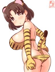 Rule 34 | 1girl, alternate costume, anal, anal object insertion, anal tail, animal ears, animal print, artist logo, ass, back, between buttocks, bikini, blush, breasts, brown eyes, brown hair, butt crack, chiyoda (kancolle), cowboy shot, dated, elbow gloves, fake animal ears, fake tail, gloves, kanon (kurogane knights), kantai collection, large breasts, medium hair, object insertion, one-hour drawing challenge, simple background, solo, swimsuit, tail, tiger ears, tiger print, tiger tail, white background