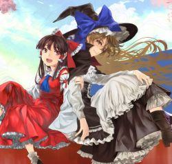 Rule 34 | 2girls, arm grab, back-to-back, black hair, blonde hair, boots, brown hair, cape, commentary request, detached sleeves, dress, hair ribbon, hair tubes, hakurei reimu, hat, height difference, kayako (tdxxxk), kirisame marisa, long hair, looking at viewer, multiple girls, neckerchief, open mouth, red eyes, ribbon, skirt, smile, touhou, wide sleeves, witch hat, yellow eyes