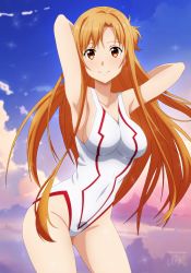 Rule 34 | 1girl, absurdres, armpits, arms behind head, artist name, asuna (sao), benjoerres, blue sky, blush, breasts, brown eyes, brown hair, cloud, collarbone, commentary, competition swimsuit, day, highres, huge filesize, large breasts, long hair, looking at viewer, one-piece swimsuit, outdoors, red one-piece swimsuit, sky, smile, solo, swimsuit, sword art online, white one-piece swimsuit