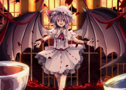 Rule 34 | 1girl, ascot, bad id, bad pixiv id, bat wings, brooch, cup, female focus, hat, jewelry, miyaoi, open mouth, petals, red eyes, remilia scarlet, skirt, skirt set, smile, solo, teacup, touhou, wings, wrist cuffs
