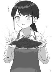 Rule 34 | 1girl, bad food, blush, collared shirt, commentary request, flying sweatdrops, greyscale, highres, holding, holding plate, long hair, long sleeves, looking at viewer, low ponytail, mole, mole under eye, monochrome, necktie, original, parted lips, plaid necktie, plate, ponytail, shirt, simple background, solo, takenoko no you, tears, upper body, when you see it, white background