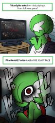Rule 34 | absurdres, airalin (mark folks), choker, comic, creatures (company), dark souls (series), dark souls i, english text, game freak, gardevoir, gen 3 pokemon, highres, long image, nintendo, o o, open mouth, playing games, pokemon, pokemon (creature), pokemon move, rakkuguy, red eyes, simple background, tall image, white background