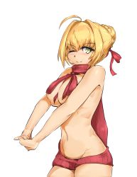 Rule 34 | 10s, 1girl, absurdres, ahoge, bare shoulders, between breasts, blonde hair, blush, breasts, cleavage, cowboy shot, depo (typebaby505), fate/extra, fate (series), green eyes, highres, large breasts, looking at viewer, meme attire, naked sweater, navel, nero claudius (fate), nero claudius (fate), nero claudius (fate/extra), one eye closed, smile, solo, sweater, virgin killer sweater, wardrobe error, you&#039;re doing it wrong