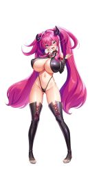 Rule 34 | akagi rio, breasts, cameltoe, cleavage, dyzenia dracour, fang, highres, horns, huge breasts, leather, long hair, motto! haramase! honoo no oppai isekai oppai maid gakuen!, pink hair, purple eyes, revealing clothes, smug, thighhighs, thong, toes, tongue, tongue out, transparent background, twintails, underboob
