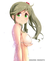 Rule 34 | 1girl, amazima mangetu, arm at side, artist name, bare arms, bare shoulders, bikini, bikini top only, blush, breasts, closed mouth, fang, fang out, from side, glint, green eyes, green hair, hair bobbles, hair ornament, inuyama aoi, large breasts, long hair, looking at viewer, looking to the side, shirt, side ponytail, simple background, skin fang, smile, solo, strap gap, swimsuit, tareme, thick eyebrows, upper body, water, water drop, wet, wet hair, white background, white shirt, yurucamp