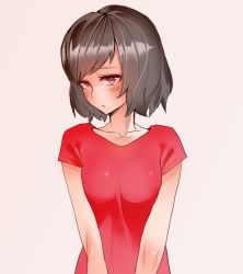 Rule 34 | 1girl, black hair, blush, breasts, breasts squeezed together, embarrassed, hashimoto (soukidann2010), looking at viewer, original, red eyes, red shirt, shirt, short hair, solo, swept bangs, t-shirt, upper body, v arms