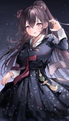 Rule 34 | 1girl, absurdres, animal ears, arme (cgsy7484), black jacket, black nails, black skirt, blush, breasts, brown hair, character request, claw pose, commission, cowboy shot, fingernails, floral print, hair between eyes, hanbok, highres, illien (illien), jacket, korean clothes, korean commentary, long hair, long sleeves, looking at viewer, medium breasts, nail polish, open mouth, original, pleated skirt, print jacket, red eyes, red ribbon, ribbon, second-party source, skirt, skirt hold, sleeve cuffs, smile, solo, tail, tassel