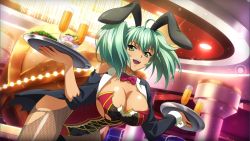 Rule 34 | 1girl, animal ears, blush, breasts, casino, cleavage, cup, curvy, dark-skinned female, dark skin, detached collar, drinking glass, fake animal ears, green eyes, green hair, highleg, highleg leotard, highres, ikkitousen, jewelry, large breasts, leotard, long hair, looking at viewer, official art, open mouth, playboy bunny, rabbit ears, ryofu housen, shiny skin, smile, solo, torn clothes, twintails