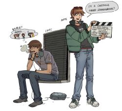 Rule 34 | ?, beard, bilingual, brown hair, chinese text, cigarette, clapperboard, commentary, dual persona, english commentary, english text, eyewear on head, facial hair, green jacket, grey socks, headphones, headphones around neck, heart, highres, jacket, joseph (scott pilgrim), kim pine, mixed-language text, neil nordegraf, ramona flowers, scott pilgrim, scott pilgrim (series), scott pilgrim takes off, shoes, sitting, smoking, sneakers, socks, stephen stills, sunglasses, sushiisiu, thought bubble