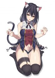 Rule 34 | 1girl, animal ear fluff, animal ears, black panties, black thighhighs, blush, cat ears, cat girl, cat tail, commentary, fang, full body, green eyes, karyl (princess connect!), long hair, looking at viewer, multicolored hair, navel, open mouth, panties, princess connect!, ryou (ryoutarou), simple background, sitting, skindentation, sleeveless, smile, solo, streaked hair, tail, thighhighs, underwear, wariza, white background, white hair