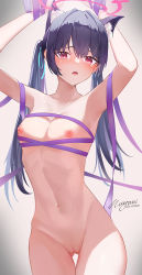 Rule 34 | 1girl, animal ear fluff, animal ears, black hair, blue archive, blush, breasts, cat ears, commentary request, cowboy shot, gluteal fold, highres, linea alba, long hair, looking at viewer, mumu mago, naked ribbon, navel, nipples, parted lips, purple ribbon, pussy, red eyes, ribbon, serika (blue archive), small breasts, solo, standing, stomach, thigh gap, thighs