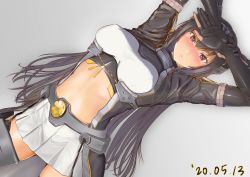 Rule 34 | 1girl, :&lt;, absurdres, black hair, blush, breasts, closed mouth, commentary request, covered erect nipples, dated, elbow gloves, garter straps, gloves, grey background, headgear, highres, kantai collection, large breasts, long hair, midriff, nagato (kancolle), nagato kai ni (kancolle), ototoi koi, partially fingerless gloves, pleated skirt, sakuramon, simple background, skirt, solo, tassel