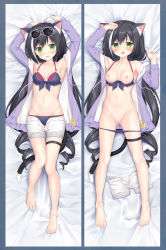 Rule 34 | 1girl, animal ear fluff, animal ears, arm up, arms up, bare shoulders, barefoot, bed sheet, bikini, bikini pull, black hair, blue bikini, blush, breasts, cat ears, cat girl, cat tail, cleft of venus, clothes pull, collarbone, commentary request, drawstring, eyewear on head, gluteal fold, green eyes, grey-framed eyewear, groin, hair between eyes, hand up, highres, jacket, karyl (princess connect!), karyl (summer) (princess connect!), korie riko, long hair, long sleeves, looking at viewer, low twintails, medium breasts, multicolored hair, multiple views, nipples, off shoulder, open clothes, open fly, open jacket, open mouth, open shorts, princess connect!, purple jacket, pussy, ringlets, sheet grab, short shorts, shorts, shorts pull, streaked hair, sunglasses, swimsuit, tail, thigh strap, twintails, very long hair, white hair, white shorts