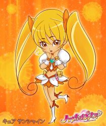 Rule 34 | 10s, blonde hair, boots, brooch, chibi, cure sunshine, heartcatch precure!, jewelry, midriff, navel, precure, twintails