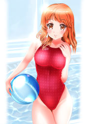 Rule 34 | 1girl, ball, brown eyes, competition swimsuit, highres, mashinatsu, one-piece swimsuit, orange hair, original, parted lips, reiji-sss, short hair, solo, speedo (company), standing, swimsuit