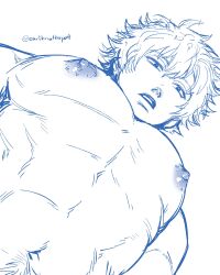 Rule 34 | 1boy, abs, absurdres, bara, blue theme, earthnattapat, expressionless, foreshortening, gintama, highres, large areolae, large pectorals, looking at viewer, looking down, male focus, meme, monochrome, muscular, muscular male, navel, nipples, nude, parted lips, pectoral focus, pectorals, photo-referenced, sakata gintoki, short hair, solo, sparse navel hair, thick eyebrows, upper body, wavy mouth, yur oc like this (meme)