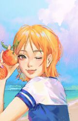 Rule 34 | 1girl, artist name, closed mouth, cloud, cloudy sky, commentary, english commentary, food, fruit, highres, holding, holding food, holding fruit, mandarin orange, nami (one piece), one eye closed, one piece, orange eyes, orange hair, outdoors, phoneafrog, shirt, short hair, short sleeves, sky, smile, solo