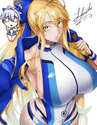 Rule 34 | 2021, 2girls, absurdres, ahoge, artoria pendragon (all), artoria pendragon (fate), artoria pendragon (swimsuit ruler) (fate), bare shoulders, blonde hair, blue bow, blue jacket, blue one-piece swimsuit, blue swimsuit, blush, bow, breast envy, breasts, chibi, commission, cosplay, dated, fate/grand order, fate (series), female focus, green eyes, hair between eyes, hair bow, highleg, highleg swimsuit, highres, huge breasts, jacket, long hair, looking at viewer, multiple girls, one-piece swimsuit, open clothes, open jacket, parted lips, pixiv commission, ponytail, shiki (love-saber), short sleeves, sidelocks, silver hair, skindentation, swimsuit, thigh strap, thighs, tomoe gozen (fate), tomoe gozen (swimsuit saber) (fate), tomoe gozen (swimsuit saber) (fate) (cosplay), two-tone swimsuit, white one-piece swimsuit, white swimsuit