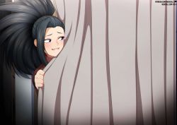 Rule 34 | 1girl, behind curtains, black hair, boku no hero academia, curtains, looking to the side, neocoill, parted lips, patreon username, ponytail, smile, solo, sweater, watermark, web address, yaoyorozu momo