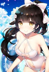 Rule 34 | 1girl, ayamy, azur lane, black hair, blue sky, bow, breasts, brown eyes, casual one-piece swimsuit, cleavage, clothing cutout, cloud, criss-cross halter, day, hair bow, hair flaps, halterneck, innertube, large breasts, leaning forward, navel cutout, ocean, one-piece swimsuit, outdoors, pantyhose, ponytail, ribbon, sky, smile, solo, swim ring, swimsuit, takao (azur lane), takao (beach rhapsody) (azur lane), water, white bow, white one-piece swimsuit, white ribbon