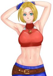 Rule 34 | 1girl, aqua eyes, armpits, arms behind head, blonde hair, blue mary, breasts, fatal fury, fingerless gloves, garter belt, gloves, highres, large breasts, looking at viewer, midriff, navel, pants, short hair, smile, snk, solo, the king of fighters