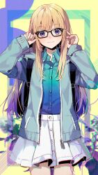 Rule 34 | 1girl, aqua sweater, backpack, bag, blonde hair, blue eyes, blue shirt, buttons, eihi, glasses, highres, light blush, long hair, looking at viewer, multicolored hair, original, outside border, purple hair, shirt, skirt, smile, solo, sweater, thighs, white skirt, yellow background